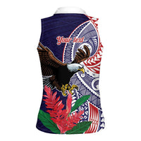 American Samoa Bald Eagle Personalized Women Sleeveless Polo Shirt Polynesian Teuila Flowers - Polynesian Pride