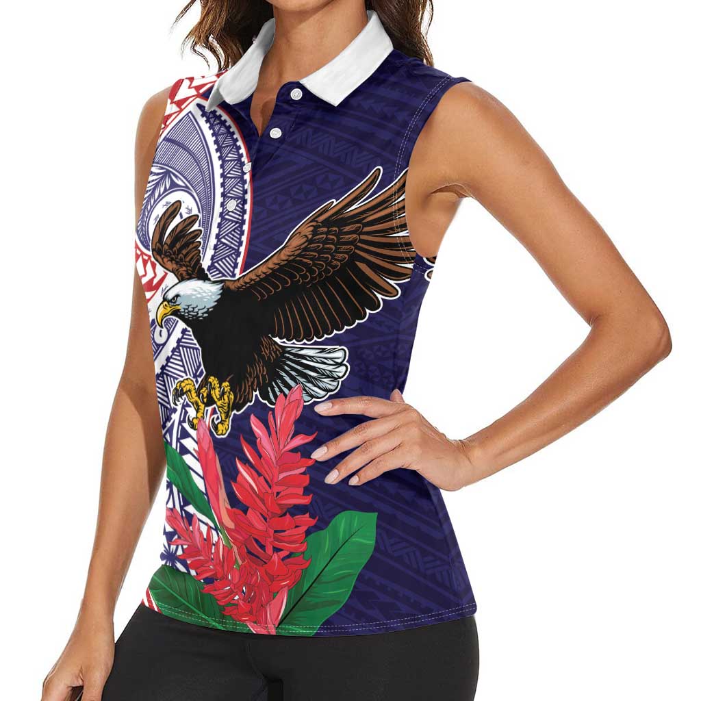American Samoa Bald Eagle Personalized Women Sleeveless Polo Shirt Polynesian Teuila Flowers - Polynesian Pride