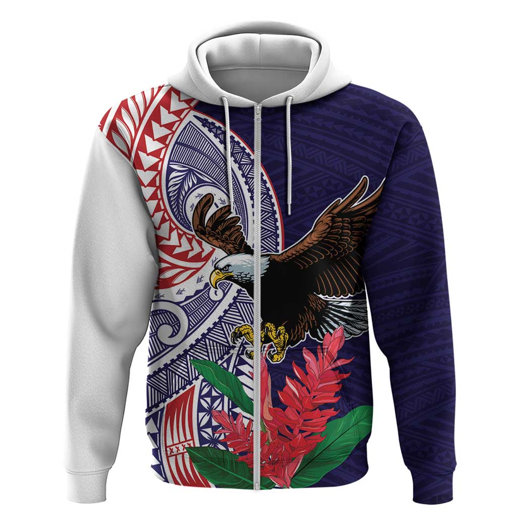 American Samoa Bald Eagle Personalized Zip Hoodie Polynesian Teuila Flowers - Polynesian Pride