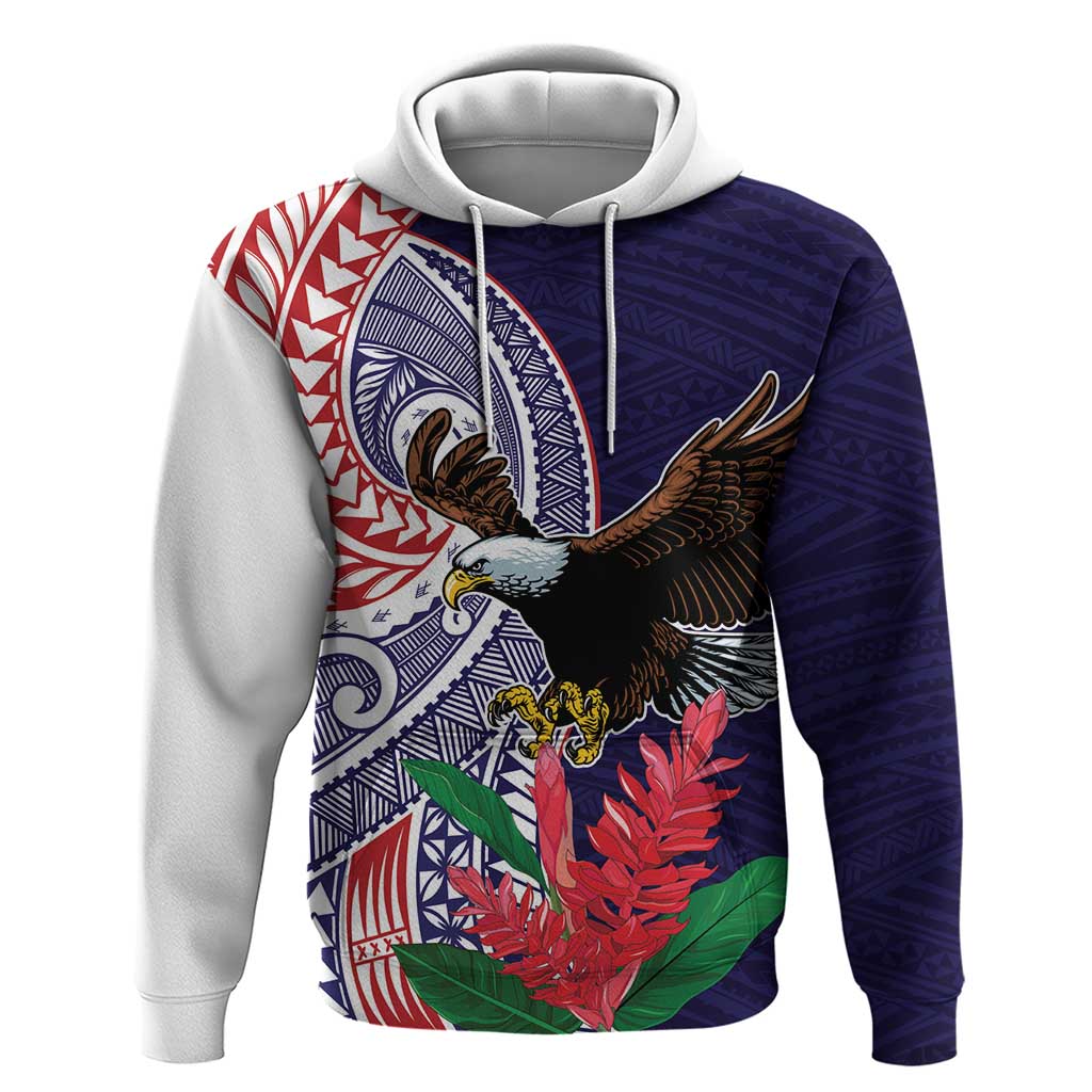 American Samoa Bald Eagle Personalized Zip Hoodie Polynesian Teuila Flowers - Polynesian Pride