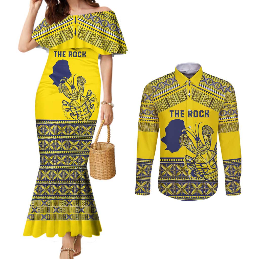 Niue Crab Personalised Couples Matching Mermaid Dress and Long Sleeve Button Shirt Niuean Hiapo Pattern - Polynesian Pride