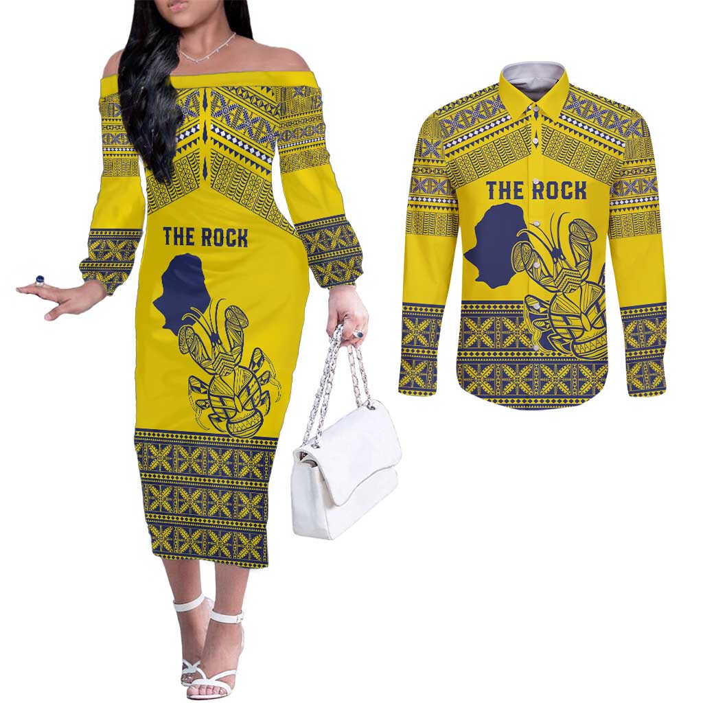 Niue Crab Personalised Couples Matching Off The Shoulder Long Sleeve Dress and Long Sleeve Button Shirt Niuean Hiapo Pattern - Polynesian Pride