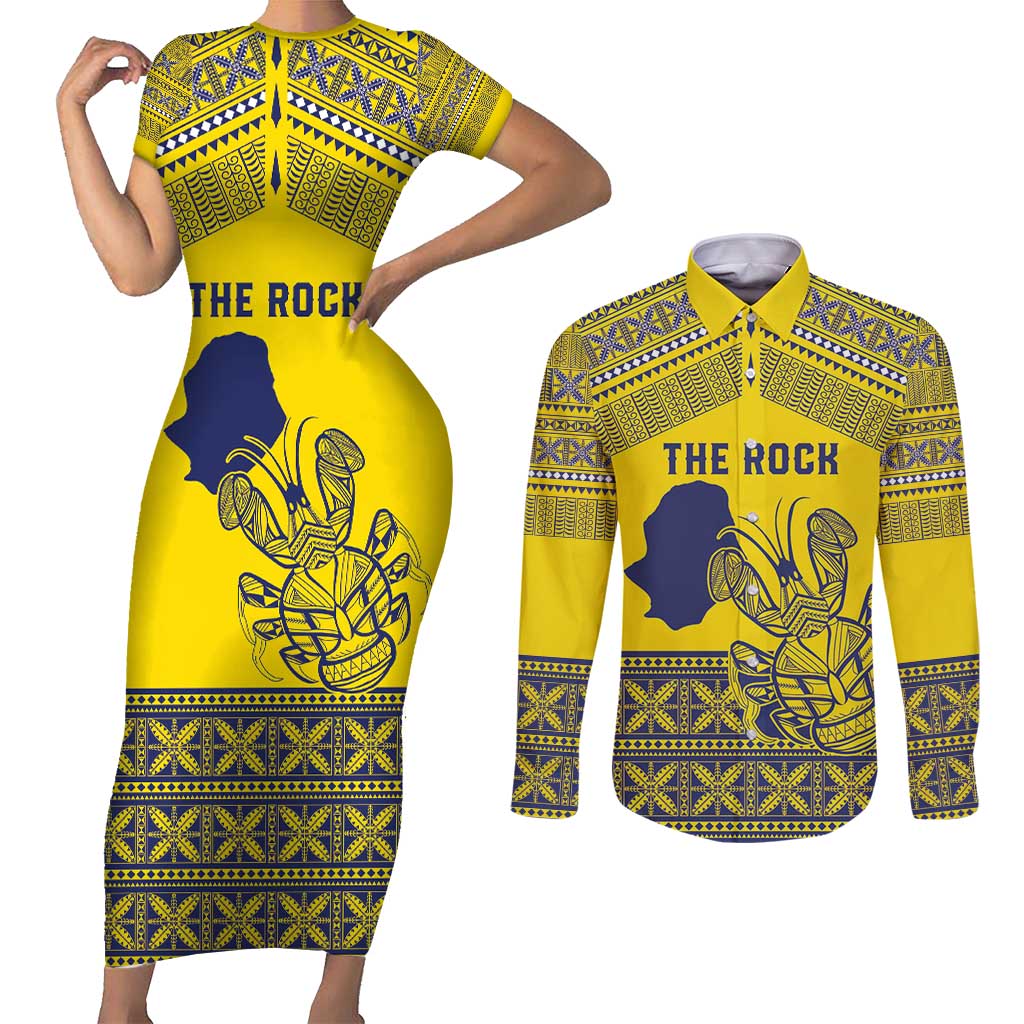 Niue Crab Personalised Couples Matching Short Sleeve Bodycon Dress and Long Sleeve Button Shirt Niuean Hiapo Pattern - Polynesian Pride
