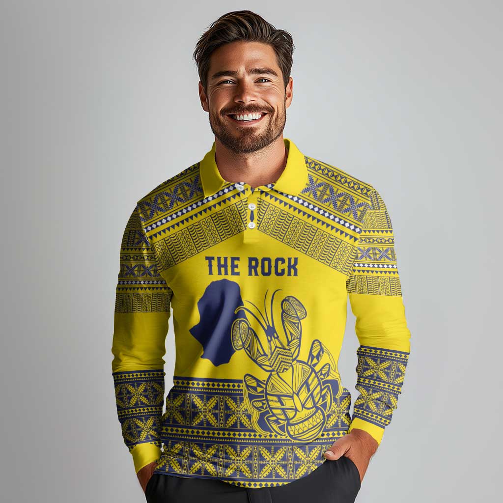 Niue Crab Personalised Long Sleeve Polo Shirt Niuean Hiapo Pattern - Polynesian Pride