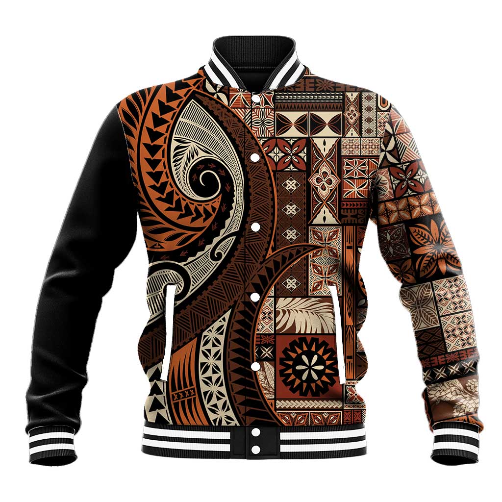 Vintage Samoa Siapo Mamanu Baseball Jacket Brown Samoan Tapa Motif - Polynesian Pride