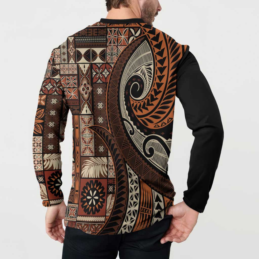 Vintage Samoa Siapo Mamanu Button Sweatshirt Brown Samoan Tapa Motif - Polynesian Pride