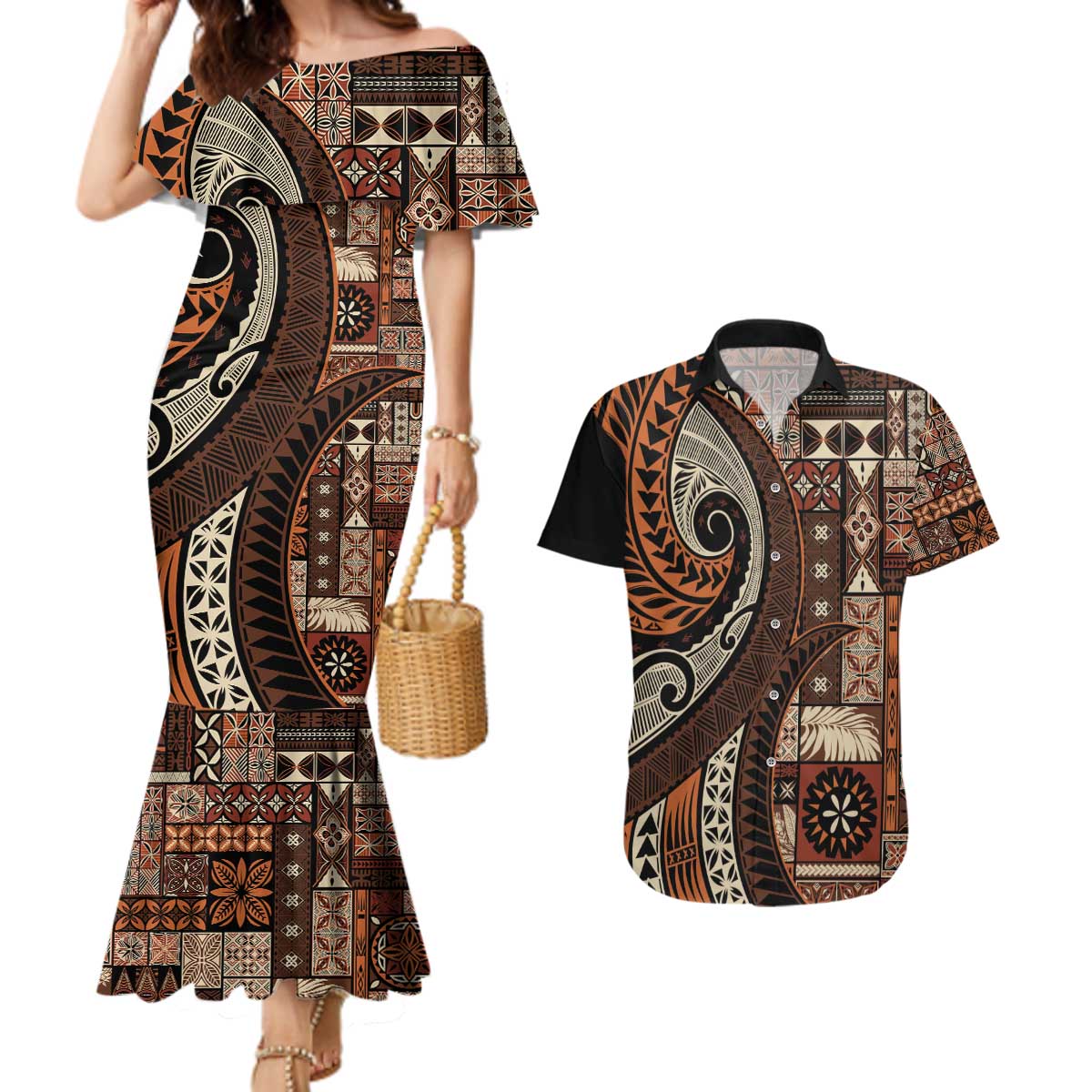 Vintage Samoa Siapo Mamanu Couples Matching Mermaid Dress and Hawaiian Shirt Brown Samoan Tapa Motif - Polynesian Pride