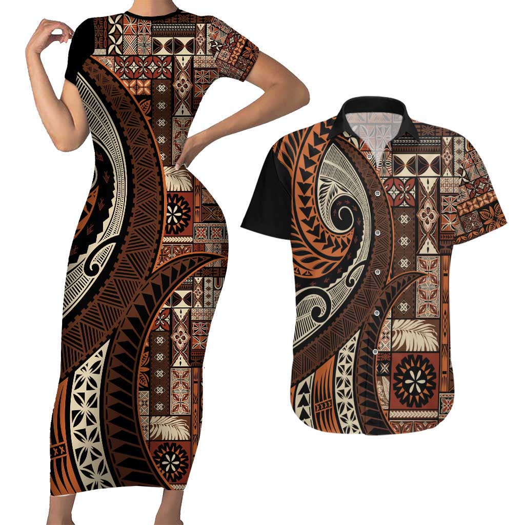 Vintage Samoa Siapo Mamanu Couples Matching Short Sleeve Bodycon Dress and Hawaiian Shirt Brown Samoan Tapa Motif - Polynesian Pride