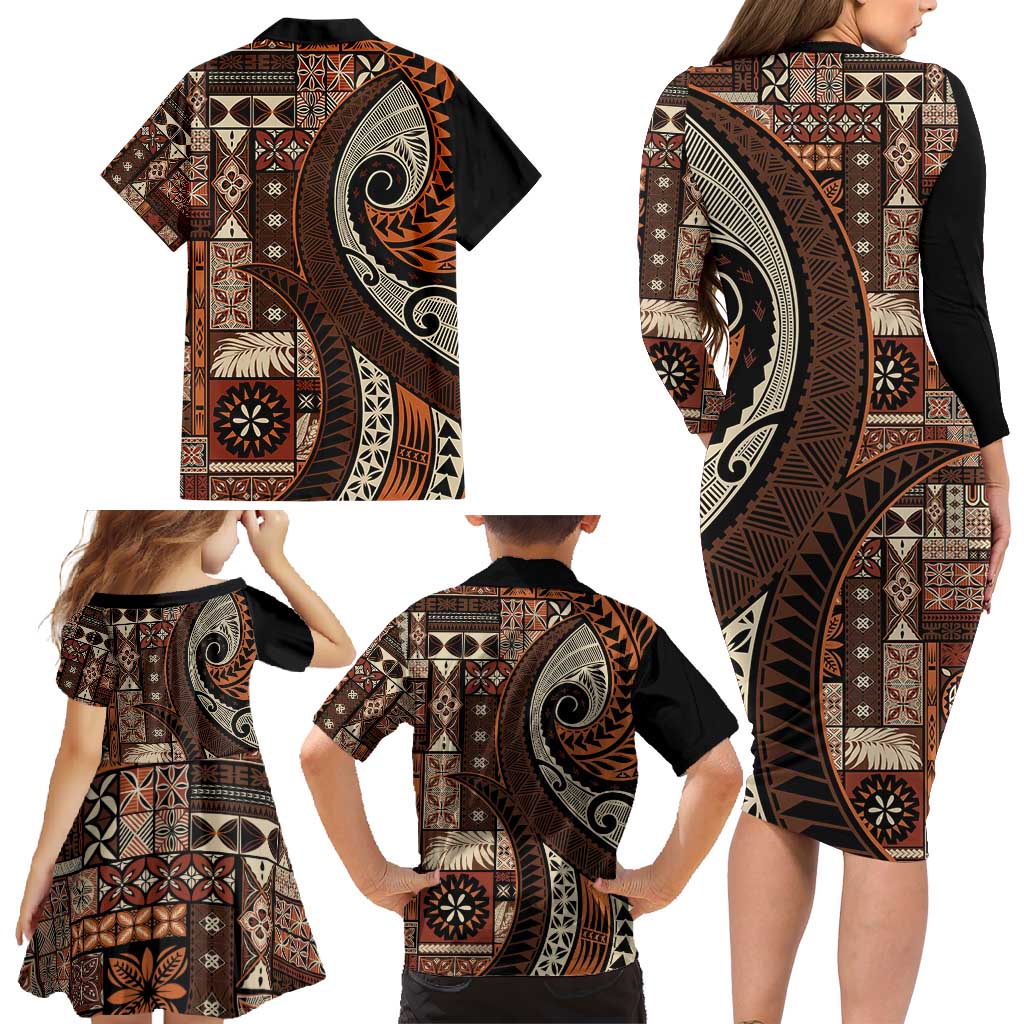 Vintage Samoa Siapo Mamanu Family Matching Long Sleeve Bodycon Dress and Hawaiian Shirt Brown Samoan Tapa Motif - Polynesian Pride