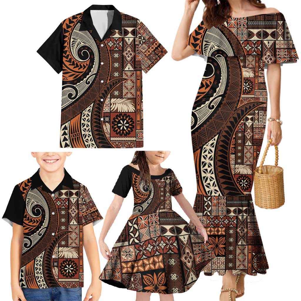 Vintage Samoa Siapo Mamanu Family Matching Mermaid Dress and Hawaiian Shirt Brown Samoan Tapa Motif - Polynesian Pride