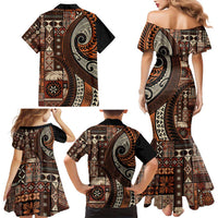 Vintage Samoa Siapo Mamanu Family Matching Mermaid Dress and Hawaiian Shirt Brown Samoan Tapa Motif - Polynesian Pride