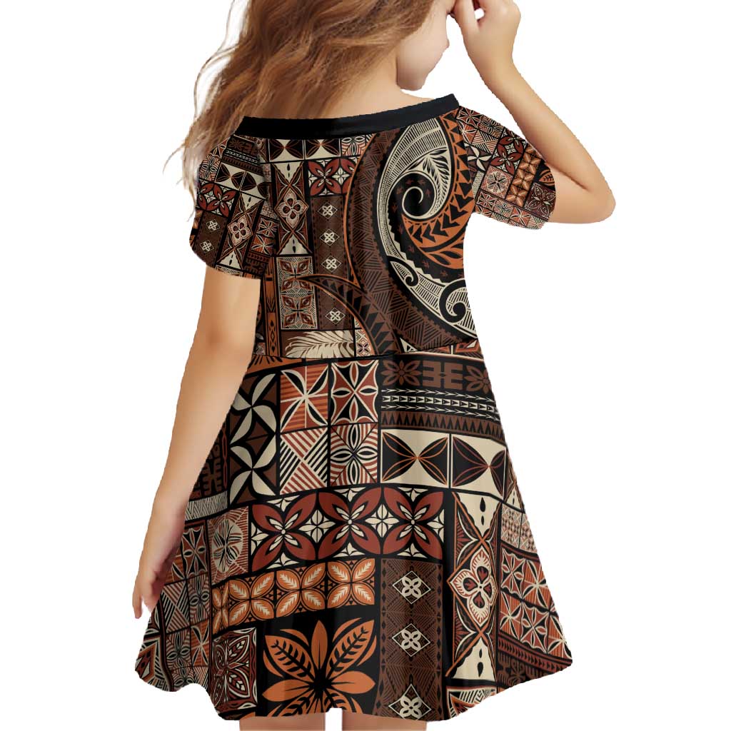 Vintage Samoa Siapo Mamanu Family Matching Off Shoulder Maxi Dress and Hawaiian Shirt Brown Samoan Tapa Motif - Polynesian Pride