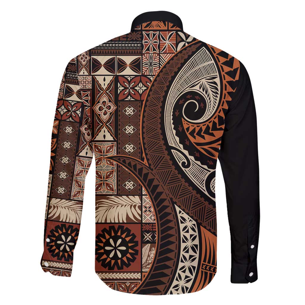 Vintage Samoa Siapo Mamanu Family Matching Off Shoulder Maxi Dress and Hawaiian Shirt Brown Samoan Tapa Motif - Polynesian Pride