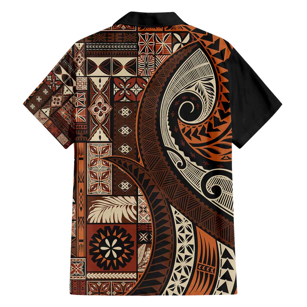 Vintage Samoa Siapo Mamanu Family Matching Off Shoulder Short Dress and Hawaiian Shirt Brown Samoan Tapa Motif - Polynesian Pride
