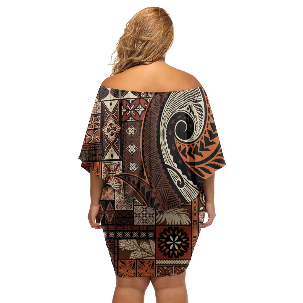 Vintage Samoa Siapo Mamanu Family Matching Off Shoulder Short Dress and Hawaiian Shirt Brown Samoan Tapa Motif - Polynesian Pride