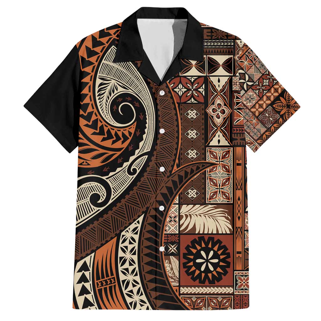 Vintage Samoa Siapo Mamanu Family Matching Short Sleeve Bodycon Dress and Hawaiian Shirt Brown Samoan Tapa Motif - Polynesian Pride