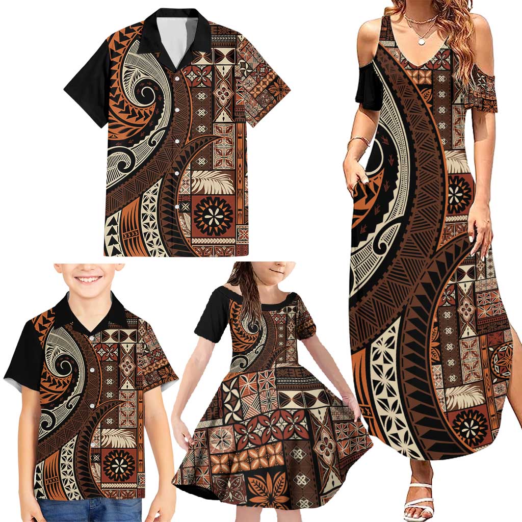Vintage Samoa Siapo Mamanu Family Matching Summer Maxi Dress and Hawaiian Shirt Brown Samoan Tapa Motif - Polynesian Pride