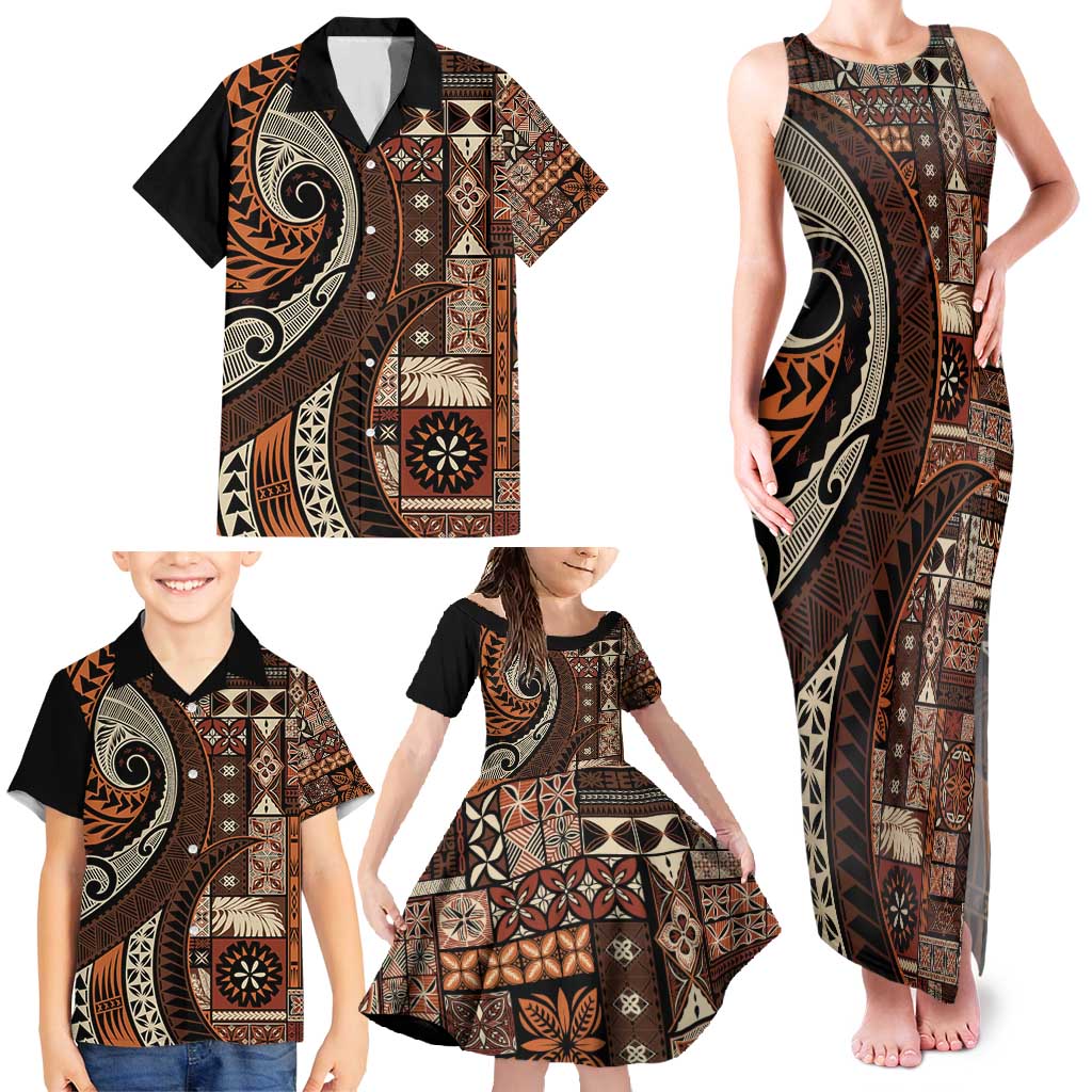Vintage Samoa Siapo Mamanu Family Matching Tank Maxi Dress and Hawaiian Shirt Brown Samoan Tapa Motif - Polynesian Pride