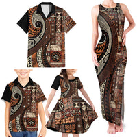Vintage Samoa Siapo Mamanu Family Matching Tank Maxi Dress and Hawaiian Shirt Brown Samoan Tapa Motif - Polynesian Pride