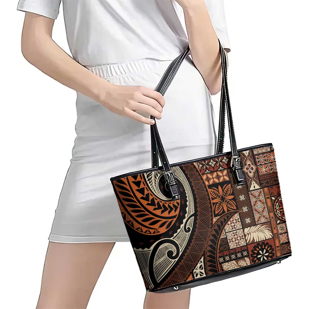 Vintage Samoa Siapo Mamanu Leather Tote Bag Brown Samoan Tapa Motif - Polynesian Pride