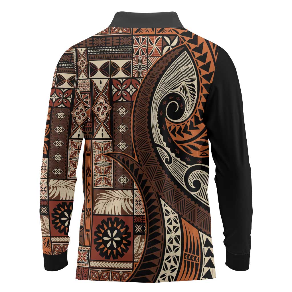 Vintage Samoa Siapo Mamanu Long Sleeve Polo Shirt Brown Samoan Tapa Motif - Polynesian Pride