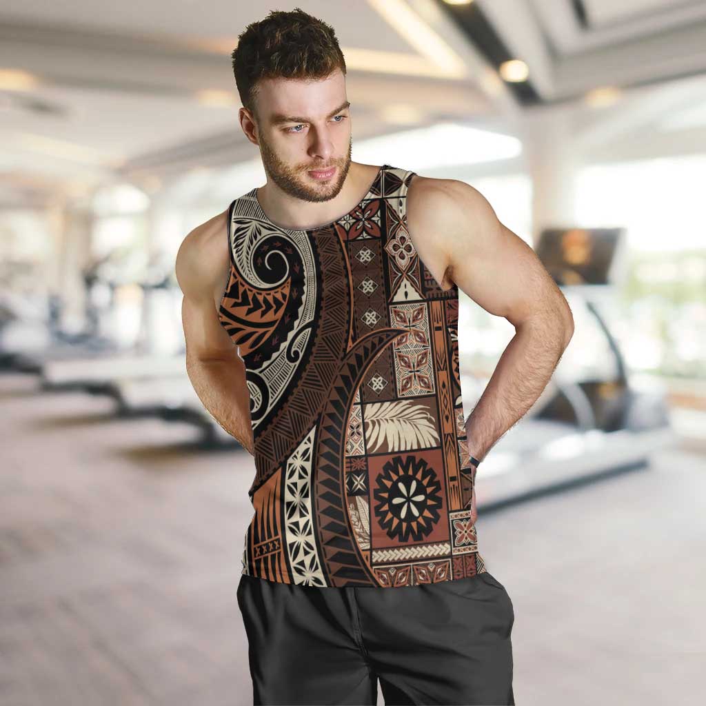 Vintage Samoa Siapo Mamanu Men Tank Top Brown Samoan Tapa Motif - Polynesian Pride