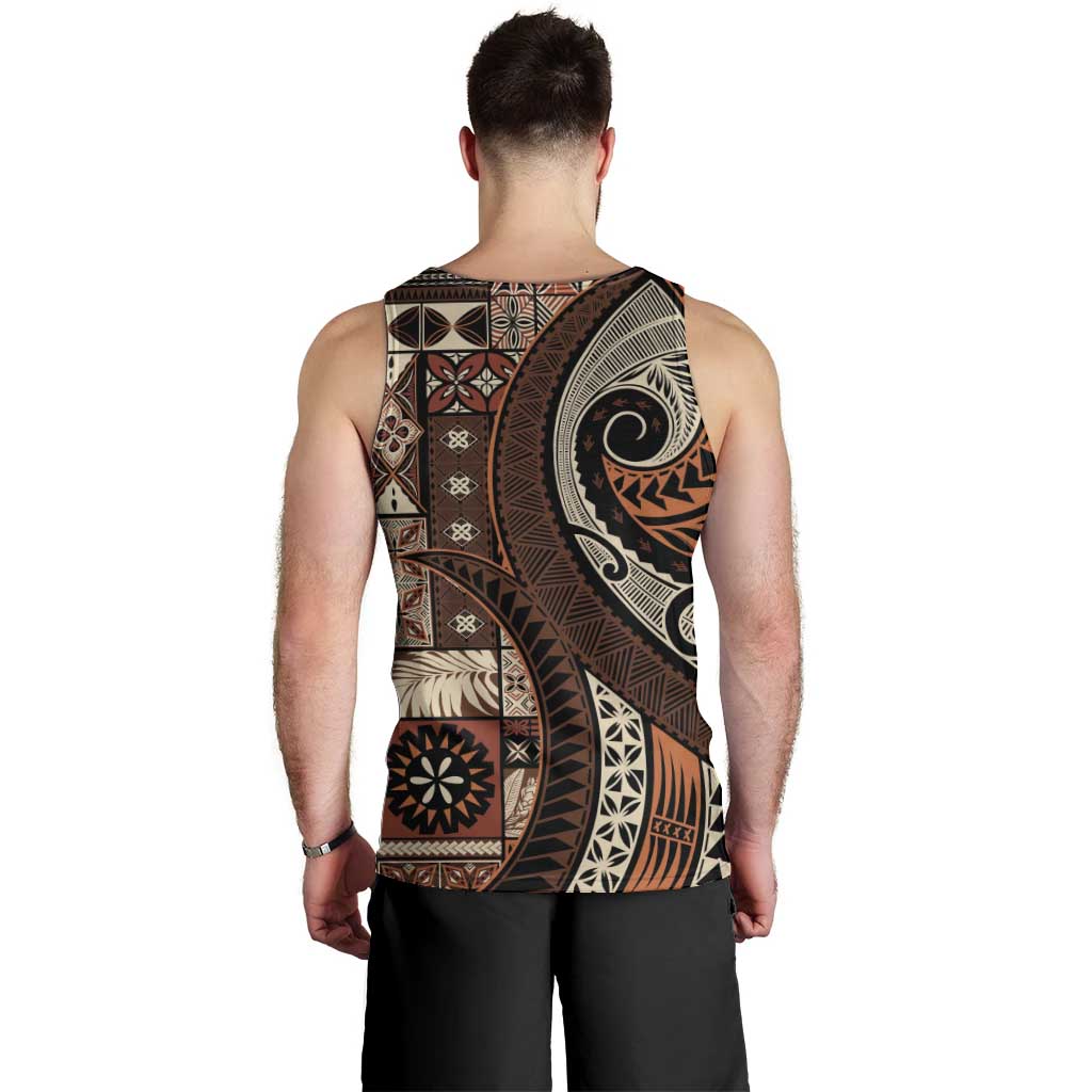 Vintage Samoa Siapo Mamanu Men Tank Top Brown Samoan Tapa Motif - Polynesian Pride