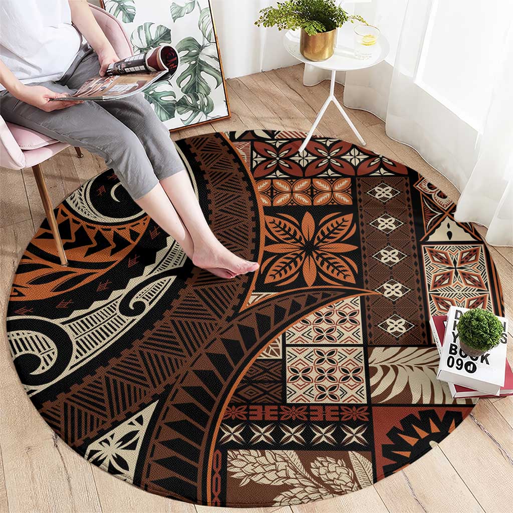Vintage Samoa Siapo Mamanu Round Carpet Brown Samoan Tapa Motif - Polynesian Pride