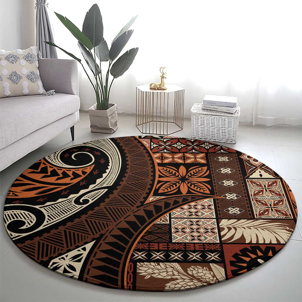 Vintage Samoa Siapo Mamanu Round Carpet Brown Samoan Tapa Motif - Polynesian Pride