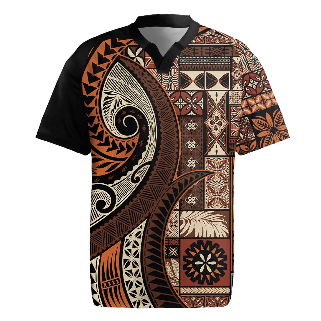 Vintage Samoa Siapo Mamanu Rugby Jersey Brown Samoan Tapa Motif - Polynesian Pride