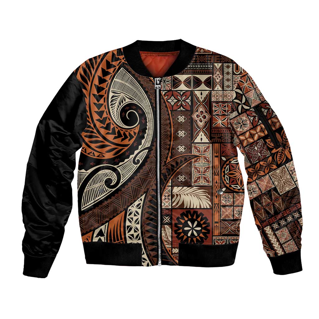Vintage Samoa Siapo Mamanu Sleeve Zip Bomber Jacket Brown Samoan Tapa Motif - Polynesian Pride