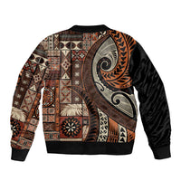 Vintage Samoa Siapo Mamanu Sleeve Zip Bomber Jacket Brown Samoan Tapa Motif - Polynesian Pride