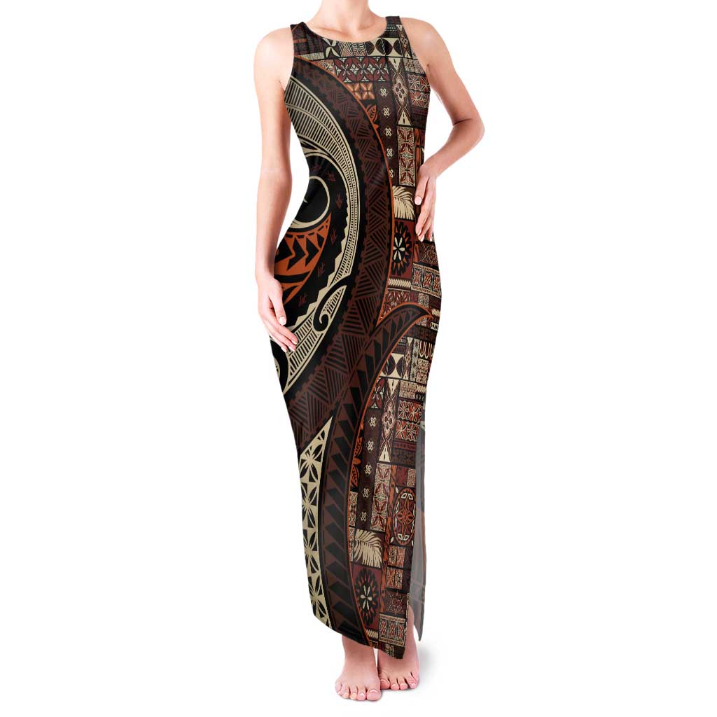 Vintage Samoa Siapo Mamanu Tank Maxi Dress Brown Samoan Tapa Motif - Polynesian Pride