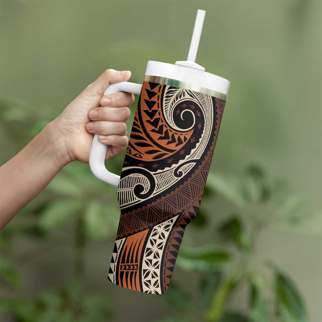 Vintage Samoa Siapo Mamanu Tumbler With Handle Brown Samoan Tapa Motif - Polynesian Pride