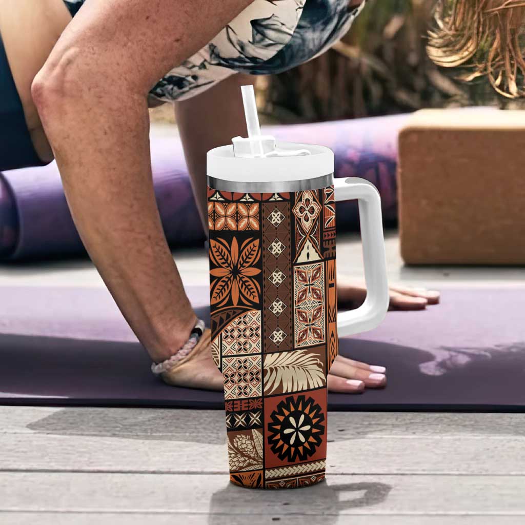 Vintage Samoa Siapo Mamanu Tumbler With Handle Brown Samoan Tapa Motif - Polynesian Pride
