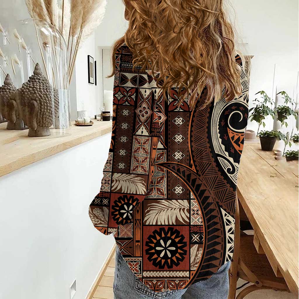 Vintage Samoa Siapo Mamanu Women Casual Shirt Brown Samoan Tapa Motif - Polynesian Pride