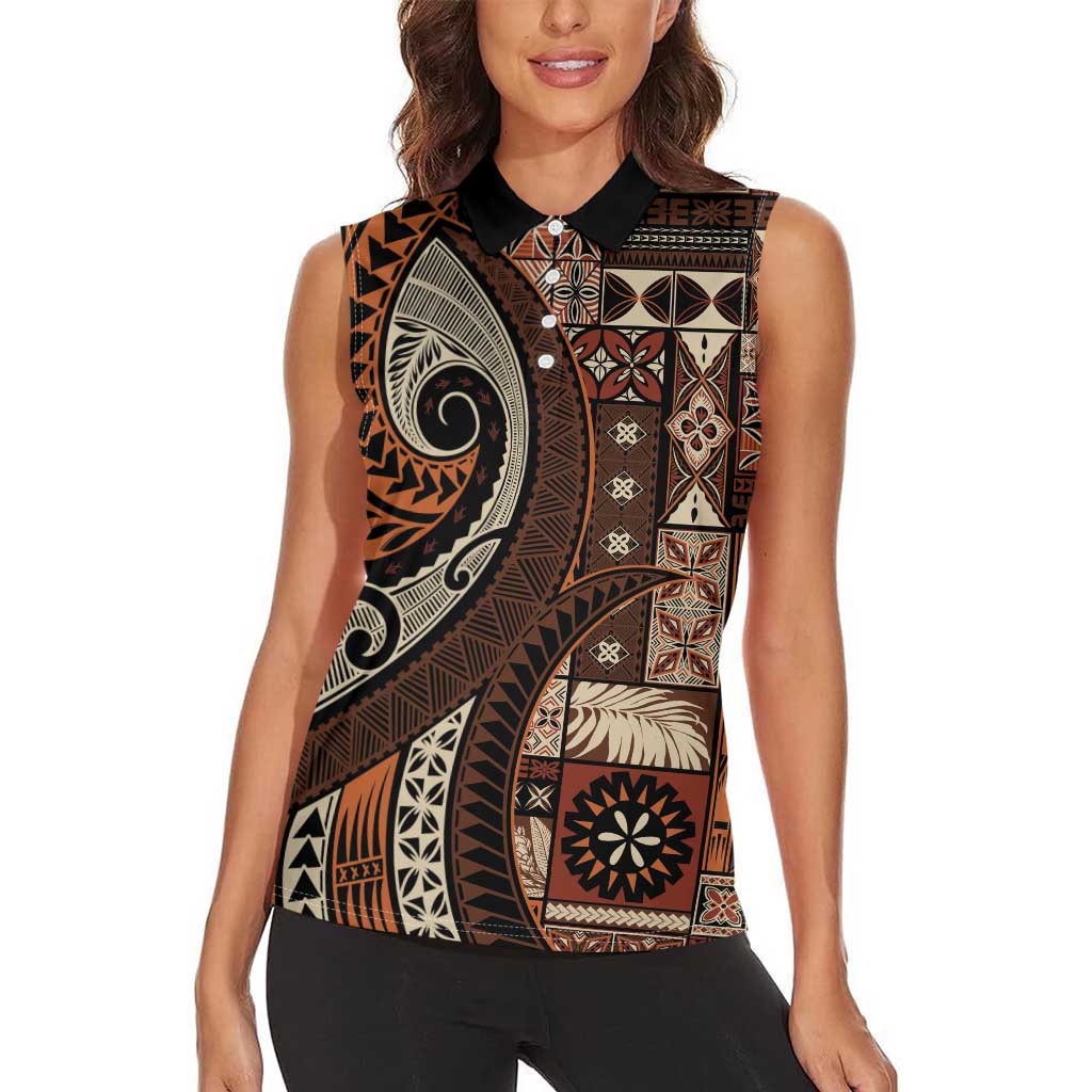 Vintage Samoa Siapo Mamanu Women Sleeveless Polo Shirt Brown Samoan Tapa Motif - Polynesian Pride