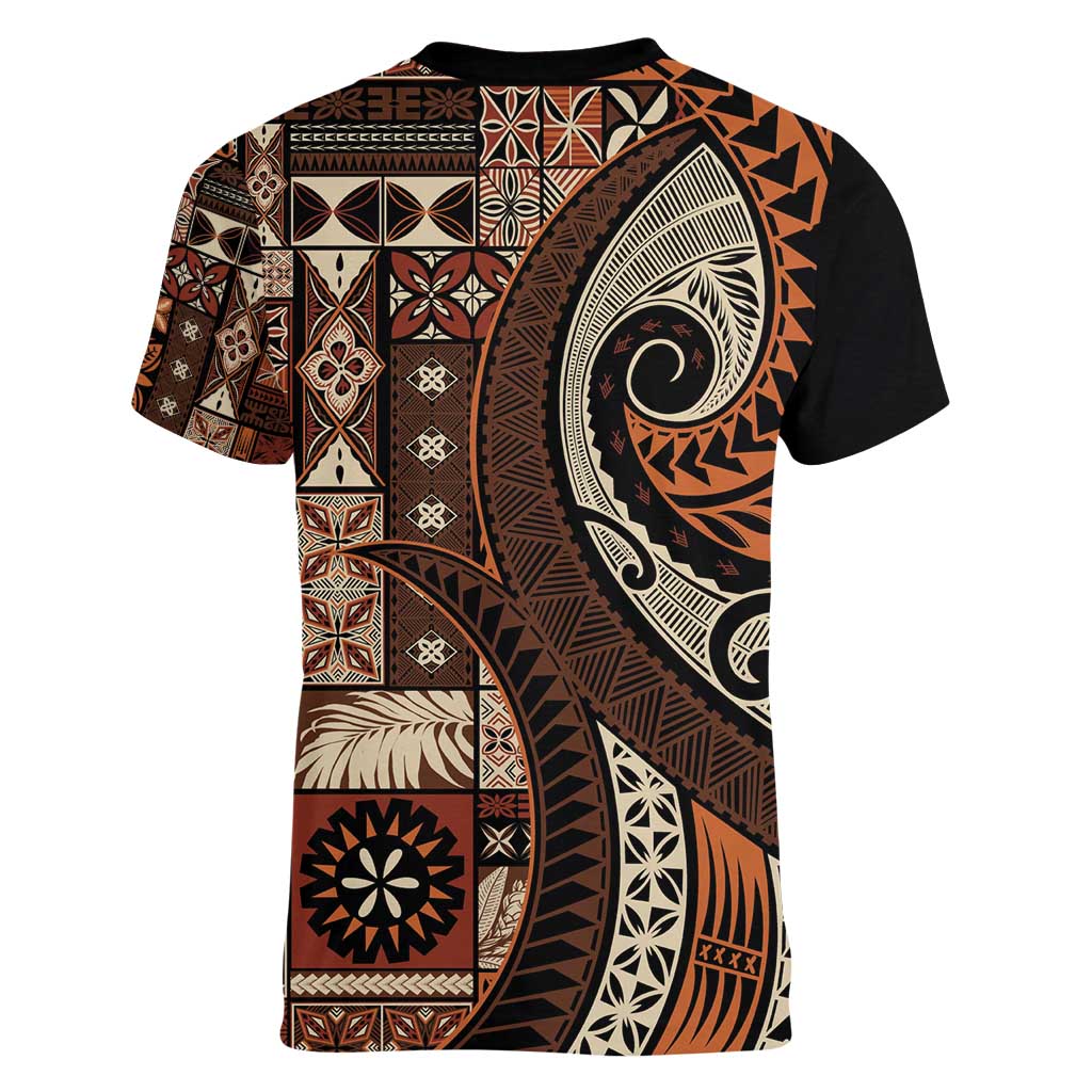 Vintage Samoa Siapo Mamanu Women V-Neck T-Shirt Brown Samoan Tapa Motif - Polynesian Pride
