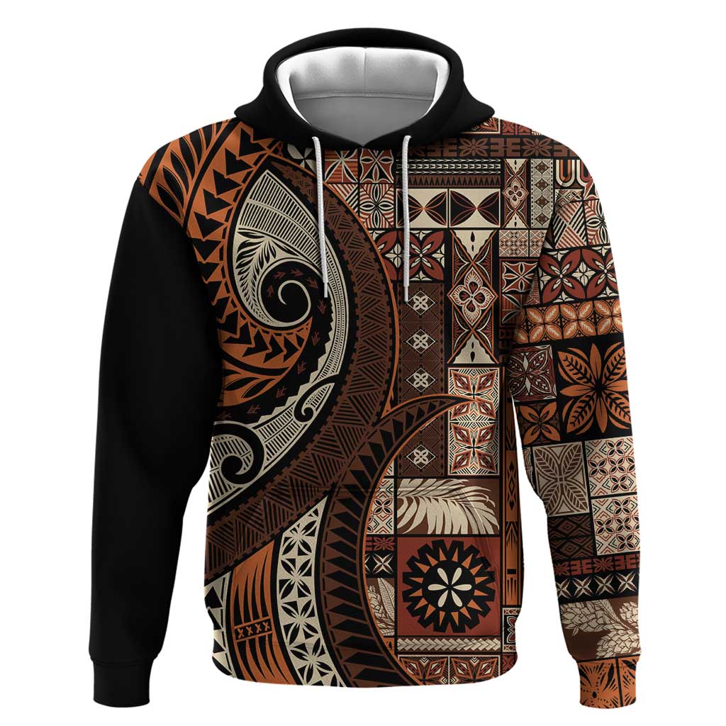 Vintage Samoa Siapo Mamanu Zip Hoodie Brown Samoan Tapa Motif - Polynesian Pride