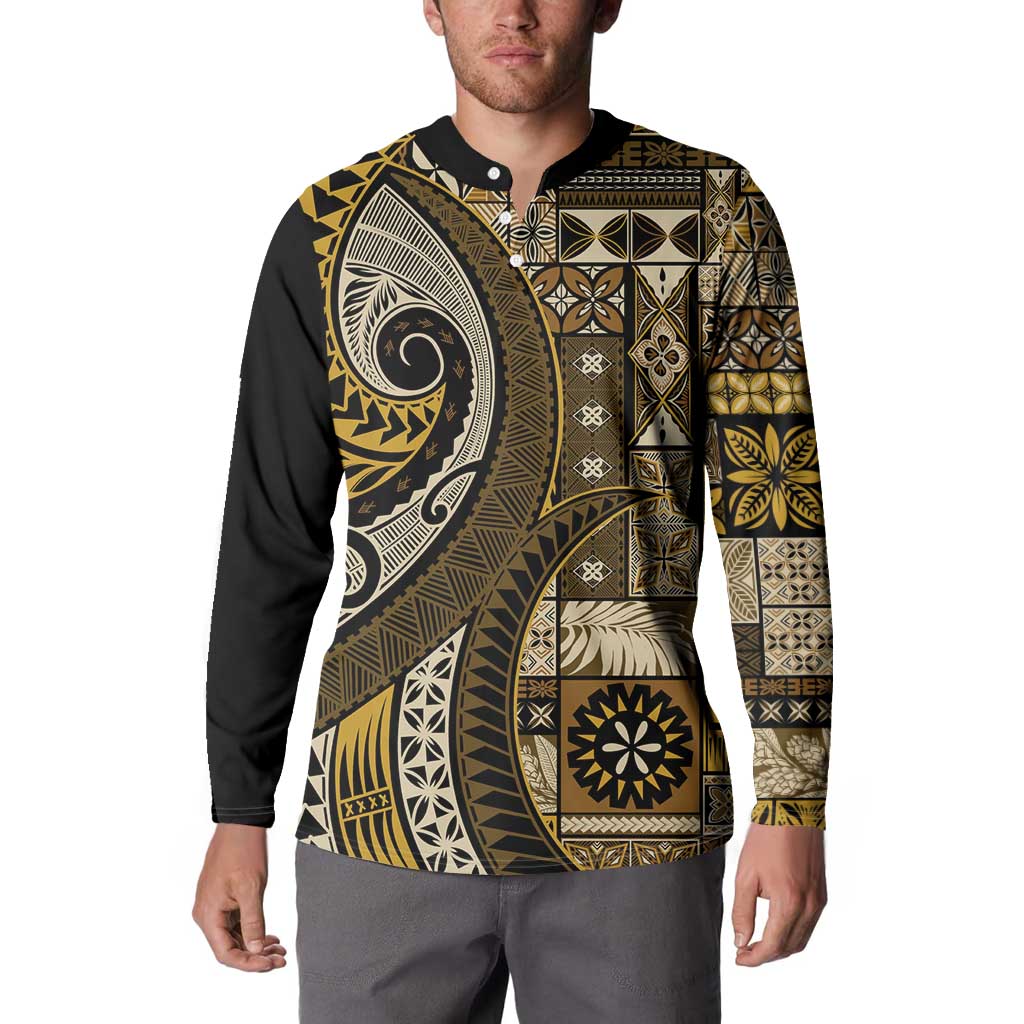 Vintage Samoa Siapo Mamanu Button Sweatshirt Gold Samoan Tapa Motif - Polynesian Pride