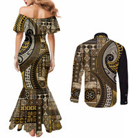 Vintage Samoa Siapo Mamanu Couples Matching Mermaid Dress and Long Sleeve Button Shirt Gold Samoan Tapa Motif - Polynesian Pride