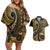 Vintage Samoa Siapo Mamanu Couples Matching Off Shoulder Short Dress and Hawaiian Shirt Gold Samoan Tapa Motif - Polynesian Pride