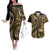 Vintage Samoa Siapo Mamanu Couples Matching Off The Shoulder Long Sleeve Dress and Hawaiian Shirt Gold Samoan Tapa Motif - Polynesian Pride