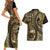 Vintage Samoa Siapo Mamanu Couples Matching Short Sleeve Bodycon Dress and Hawaiian Shirt Gold Samoan Tapa Motif - Polynesian Pride