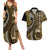 Vintage Samoa Siapo Mamanu Couples Matching Summer Maxi Dress and Hawaiian Shirt Gold Samoan Tapa Motif - Polynesian Pride
