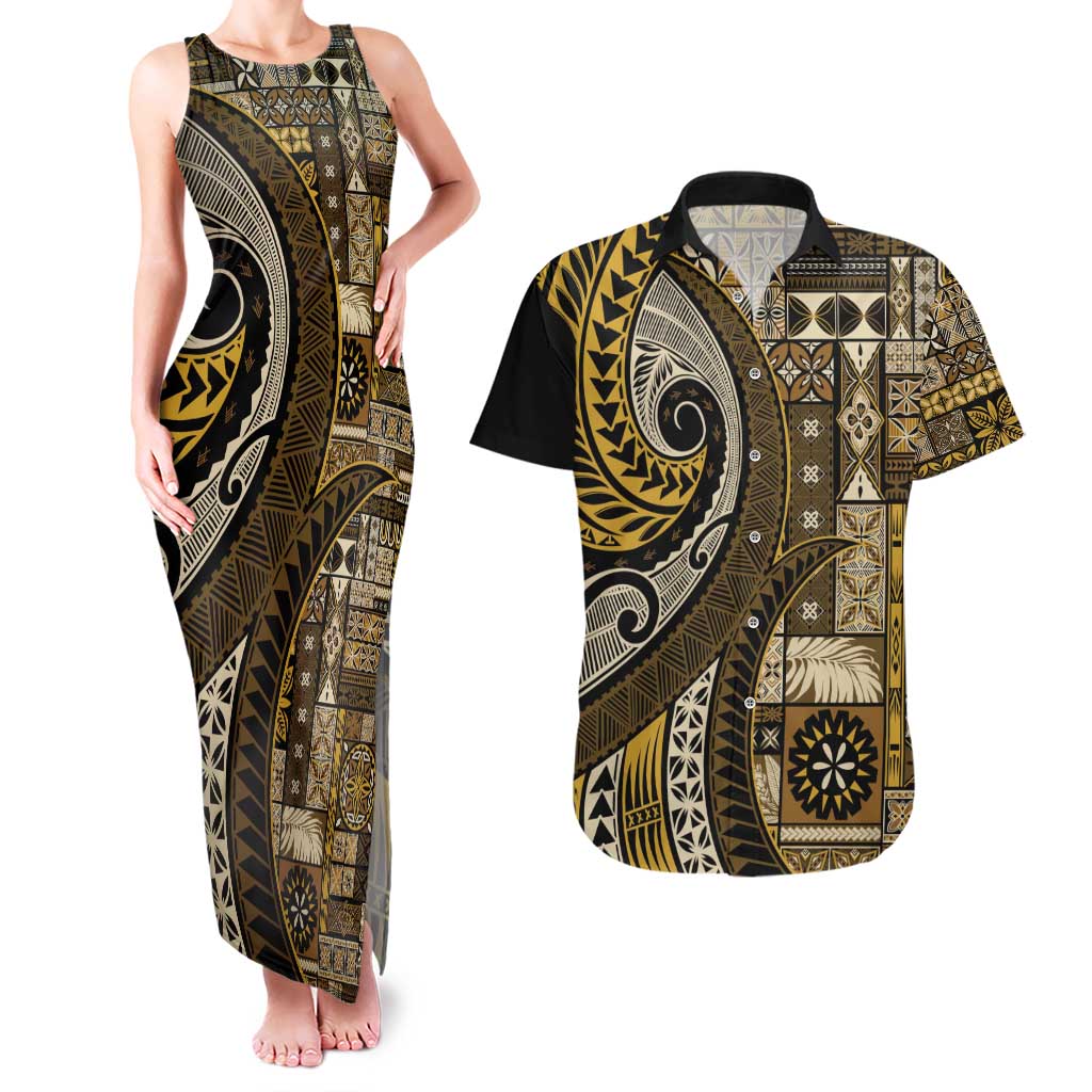 Vintage Samoa Siapo Mamanu Couples Matching Tank Maxi Dress and Hawaiian Shirt Gold Samoan Tapa Motif - Polynesian Pride