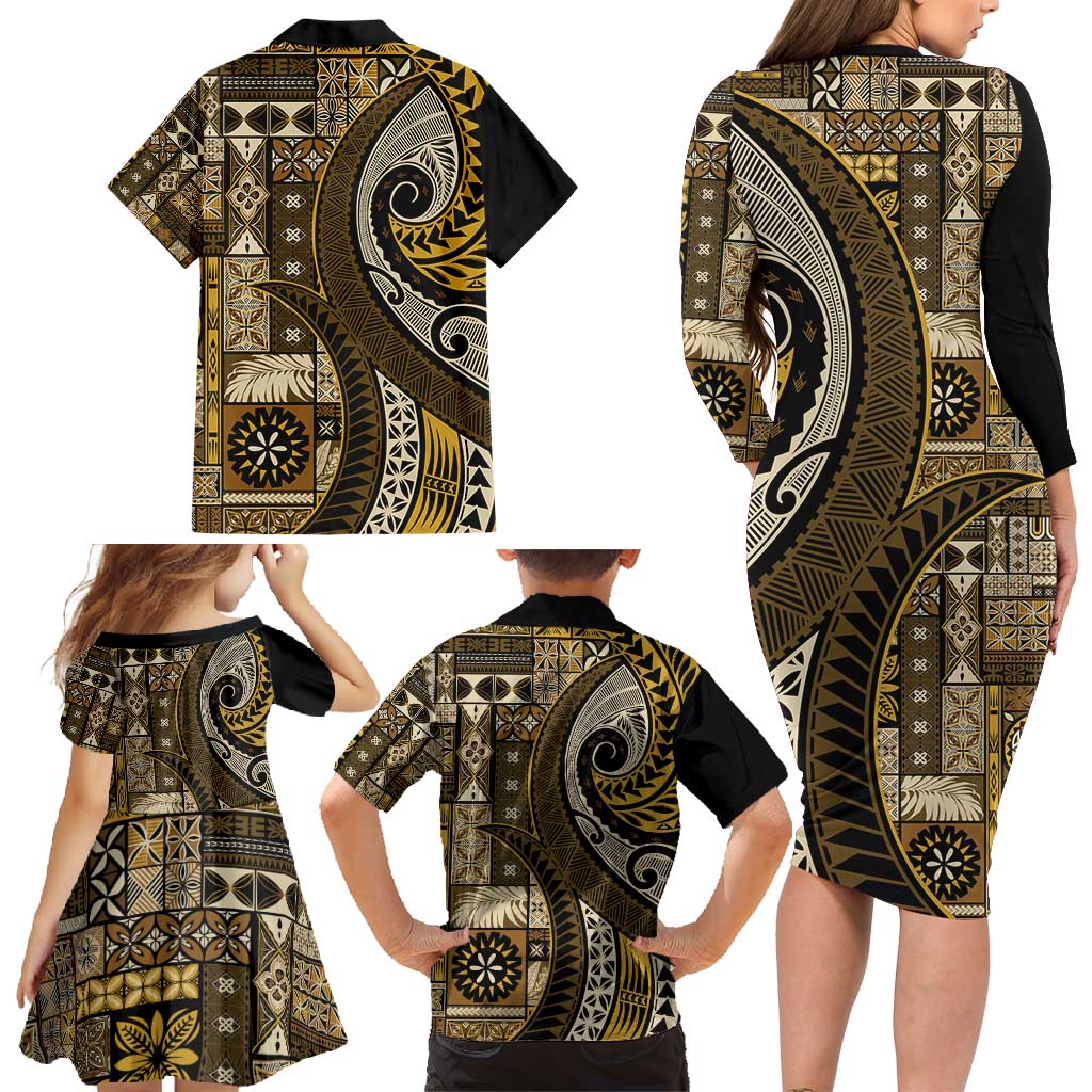 Vintage Samoa Siapo Mamanu Family Matching Long Sleeve Bodycon Dress and Hawaiian Shirt Gold Samoan Tapa Motif - Polynesian Pride