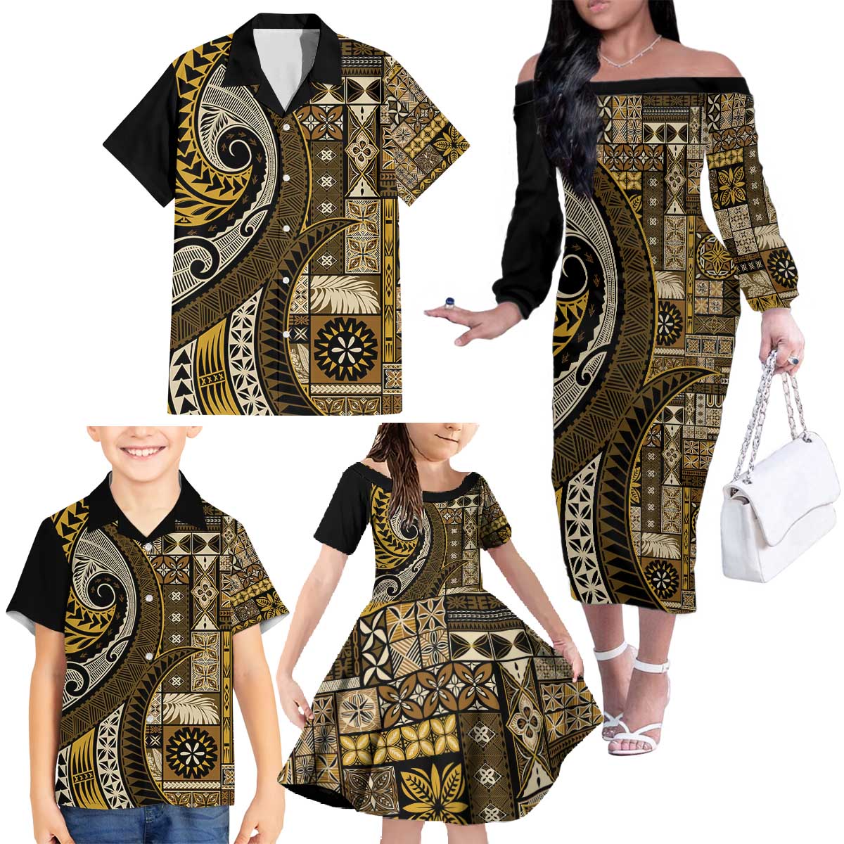 Vintage Samoa Siapo Mamanu Family Matching Off The Shoulder Long Sleeve Dress and Hawaiian Shirt Gold Samoan Tapa Motif - Polynesian Pride