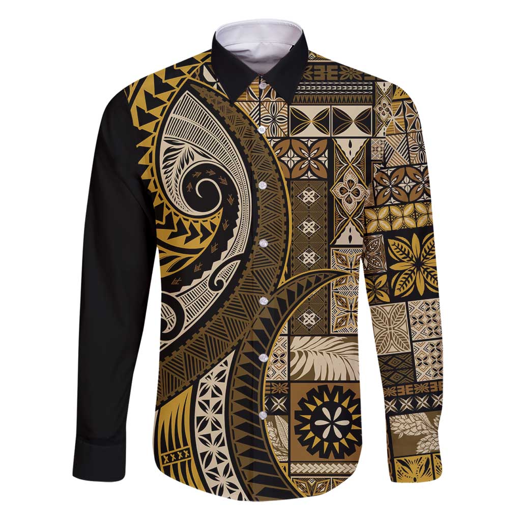Vintage Samoa Siapo Mamanu Family Matching Puletasi and Hawaiian Shirt Gold Samoan Tapa Motif - Polynesian Pride