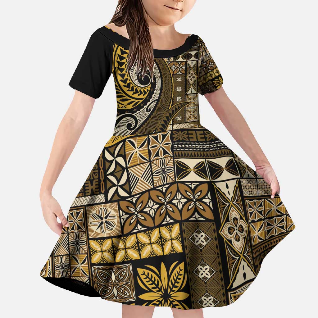 Vintage Samoa Siapo Mamanu Family Matching Short Sleeve Bodycon Dress and Hawaiian Shirt Gold Samoan Tapa Motif - Polynesian Pride